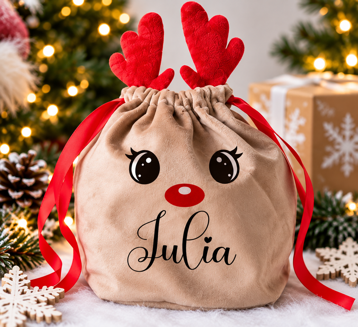 Personalised velvet reindeer Christmas bag with red antlers, girl design and Julia name