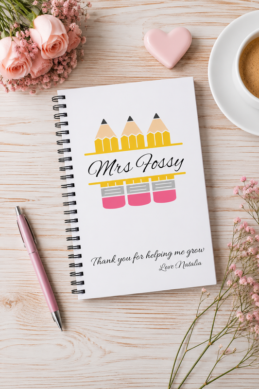 Personalised teacher notebook with custom name and thank you message