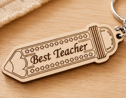 Close-up of personalised wooden teacher pencil keyring engraving