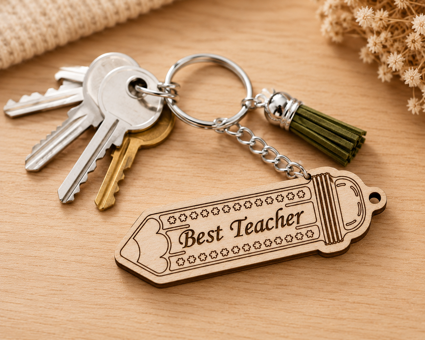 Personalised wooden teacher pencil keyring attached to house keys