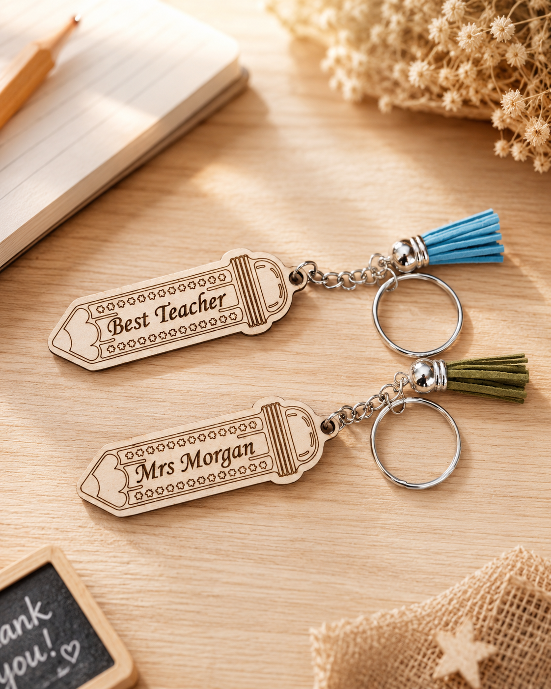 Personalised wooden teacher pencil keyring