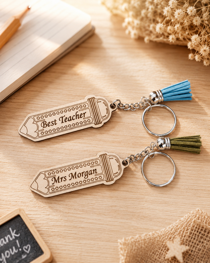 Personalised wooden teacher pencil keyring