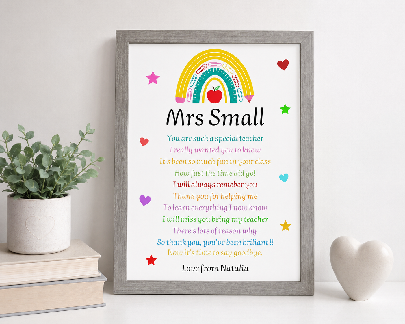 Personalised teacher thank you print in grey picture frame