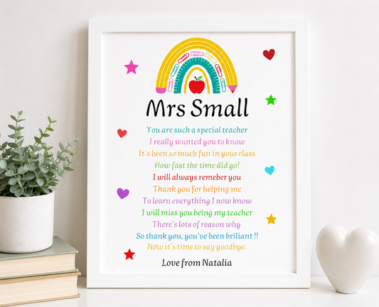 Personalised teacher thank you print in white picture frame