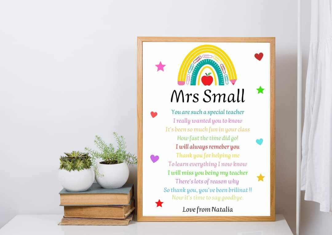 Personalised teacher thank you rainbow print in wooden frame