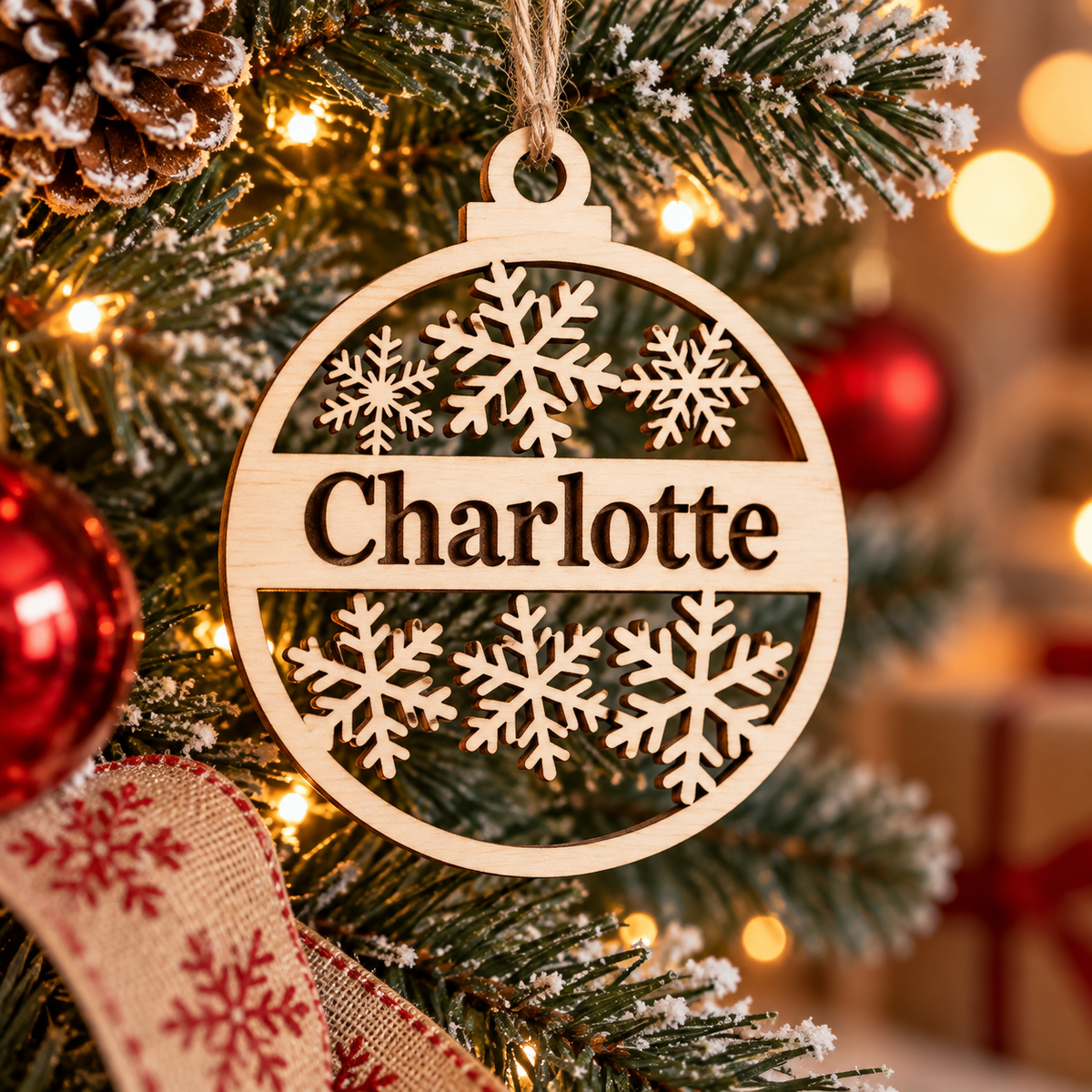 Personalised wooden Christmas bauble with the name Charlotte and snowflake design