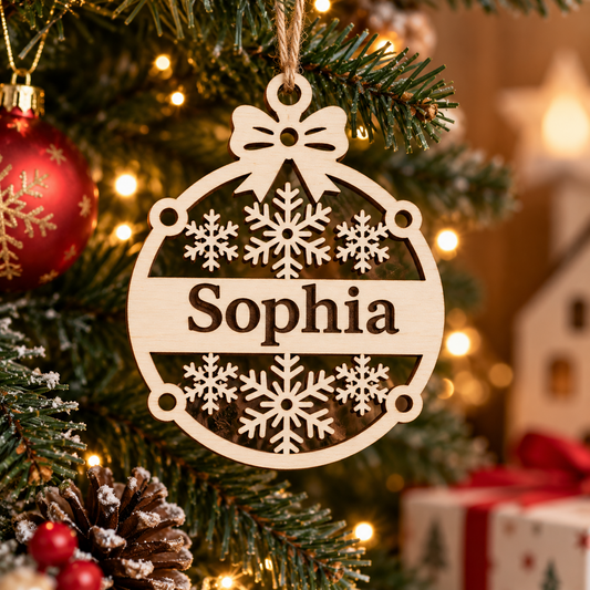 Personalised 11 cm wooden Christmas bauble with the name Sophia, bow and snowflakes