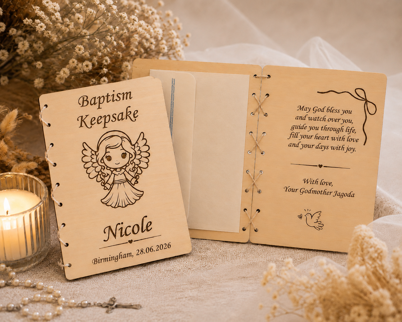 Open personalised wooden baptism keepsake card with engraved message and envelope