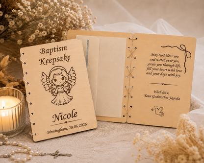 Open personalised wooden baptism keepsake card with engraved message and envelope