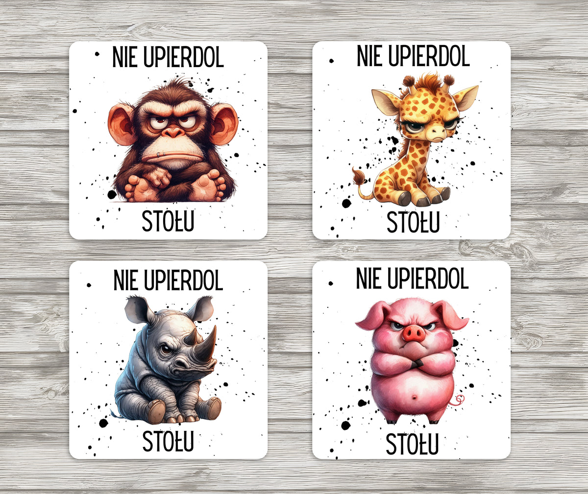 Zestaw 4 podkładek pod kubki Nie upierdol stołu ze zwierzakami i korkowym spodem