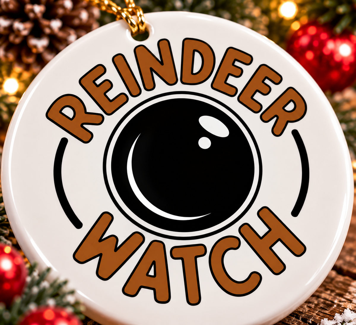 Close-up of Reindeer Watch white ceramic Christmas ornament featuring brown lettering, black camera lens design and gold hanging cord