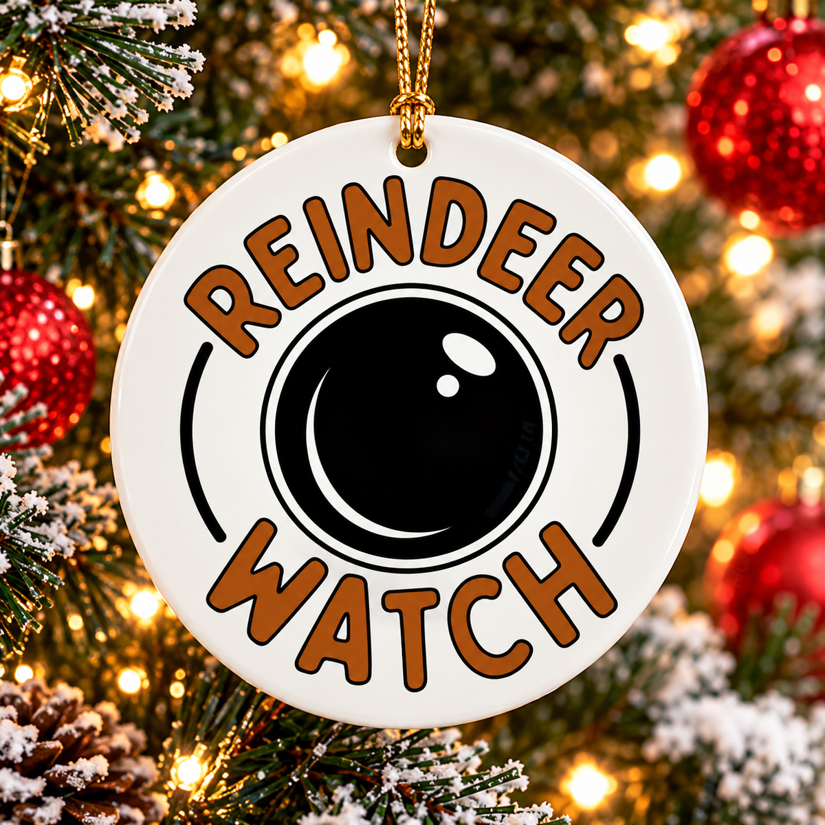 White ceramic Reindeer Watch Christmas ornament with brown lettering, black camera lens design and gold hanging cord displayed on a Christmas tree