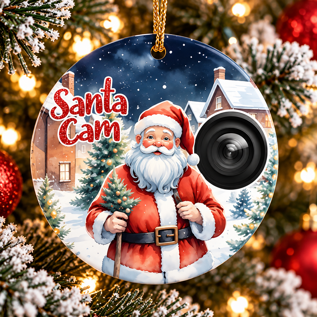 Santa Cam ceramic Christmas bauble featuring Santa holding a tree and printed camera lens