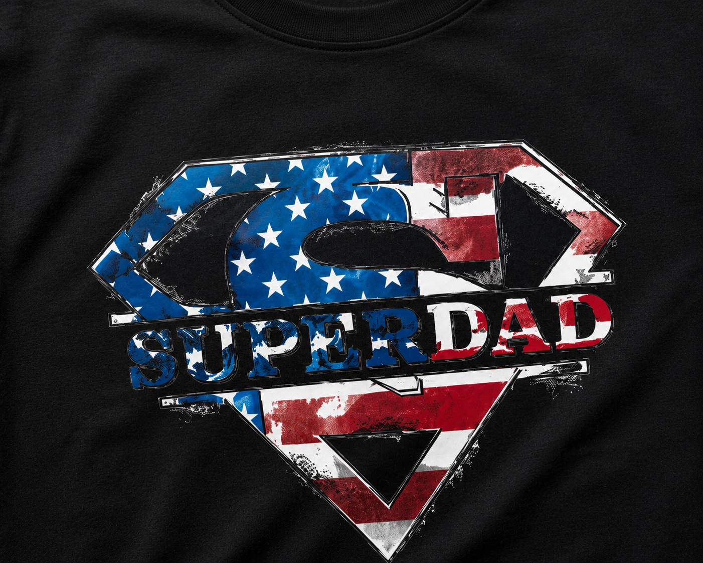 Close-up of Super Dad American flag T-shirt print